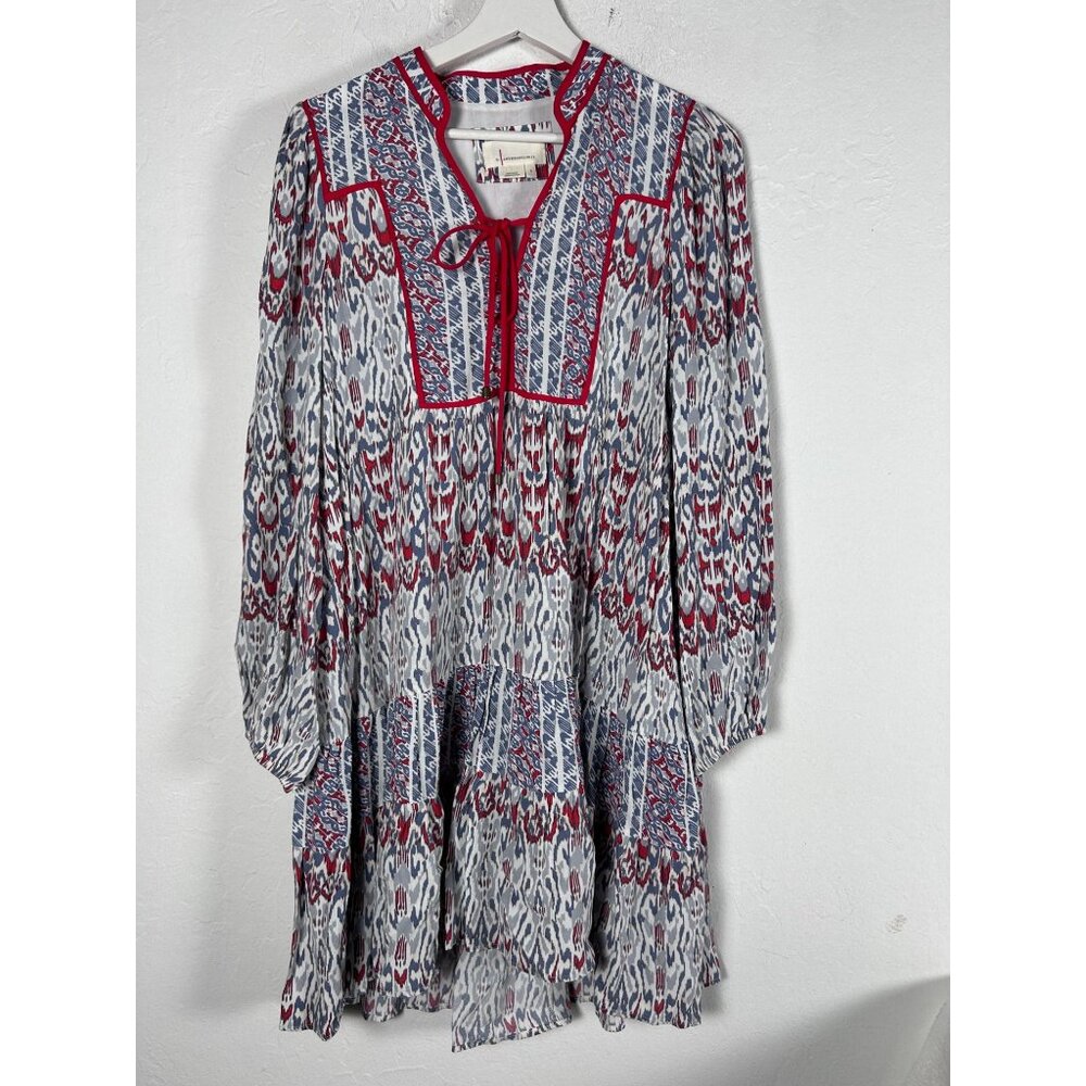 Anthropologie Womens Bohemian Long Sleeve Ikat Print Mini Dress Small Red Blue